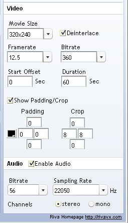 panneau de parmètres Riva FLV encoder